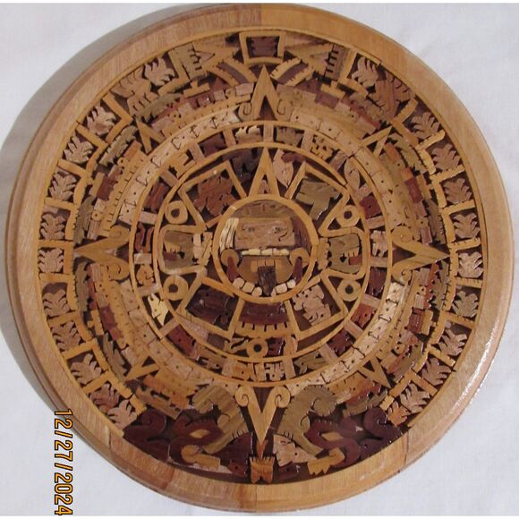 Aztec Mayan inlaid mosaic wood calendar wall hanging Mexico carved gallery wall - Picture 1 of 6